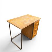 Vintage 1950s desk made of wood and metal with a 3-drawer unit.