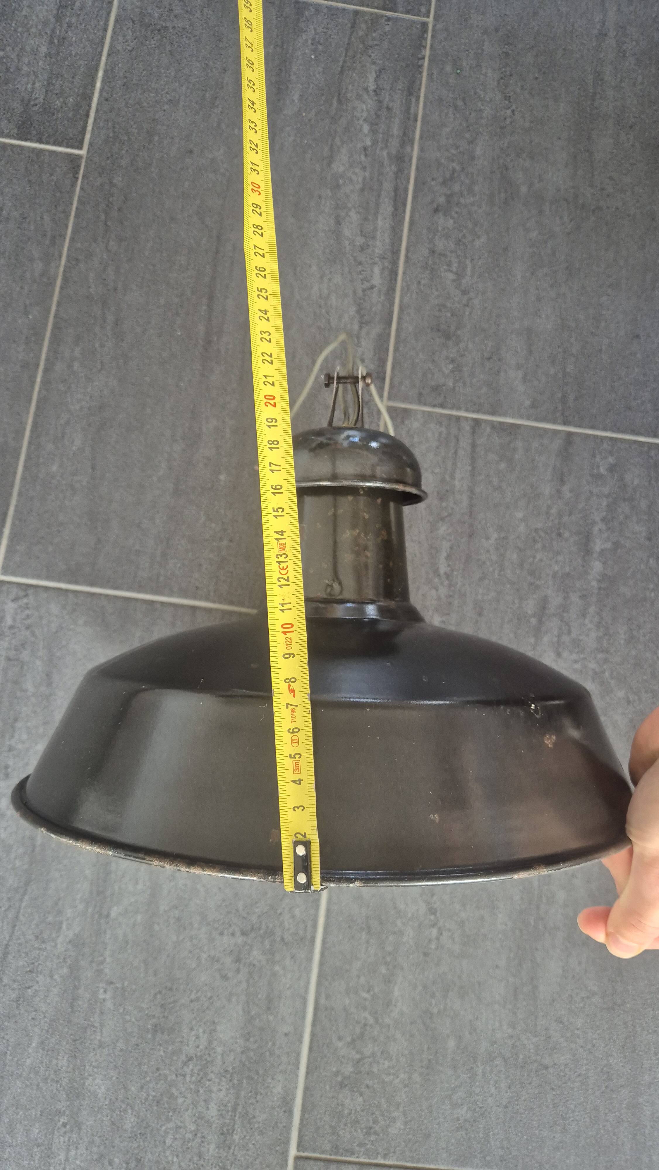 Vintage French industrial pendant lamps in black enamel.