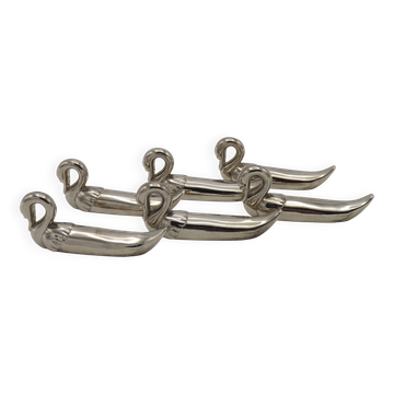 Set of 6 French Vintage Silver Metal Elongated Swan Cutlery Rests