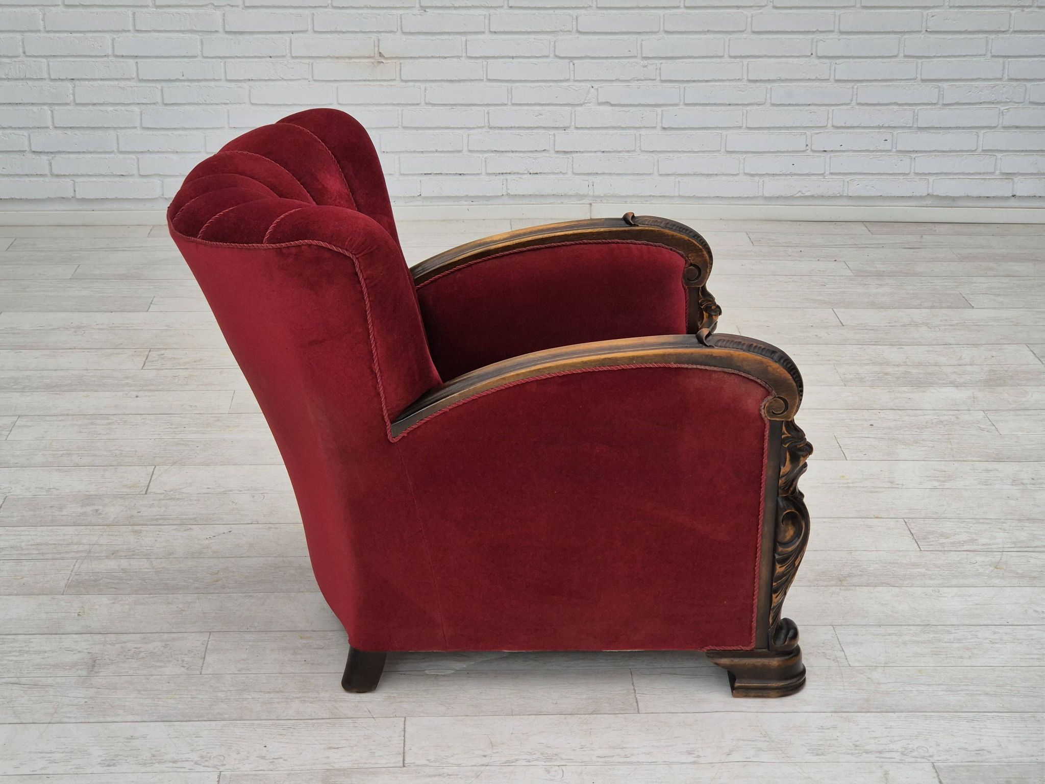 1950s, Danish armchair with footstool, furniture velour, ash wood.