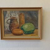 Peinture à l'huile vintage sur plaque "Nature morte".