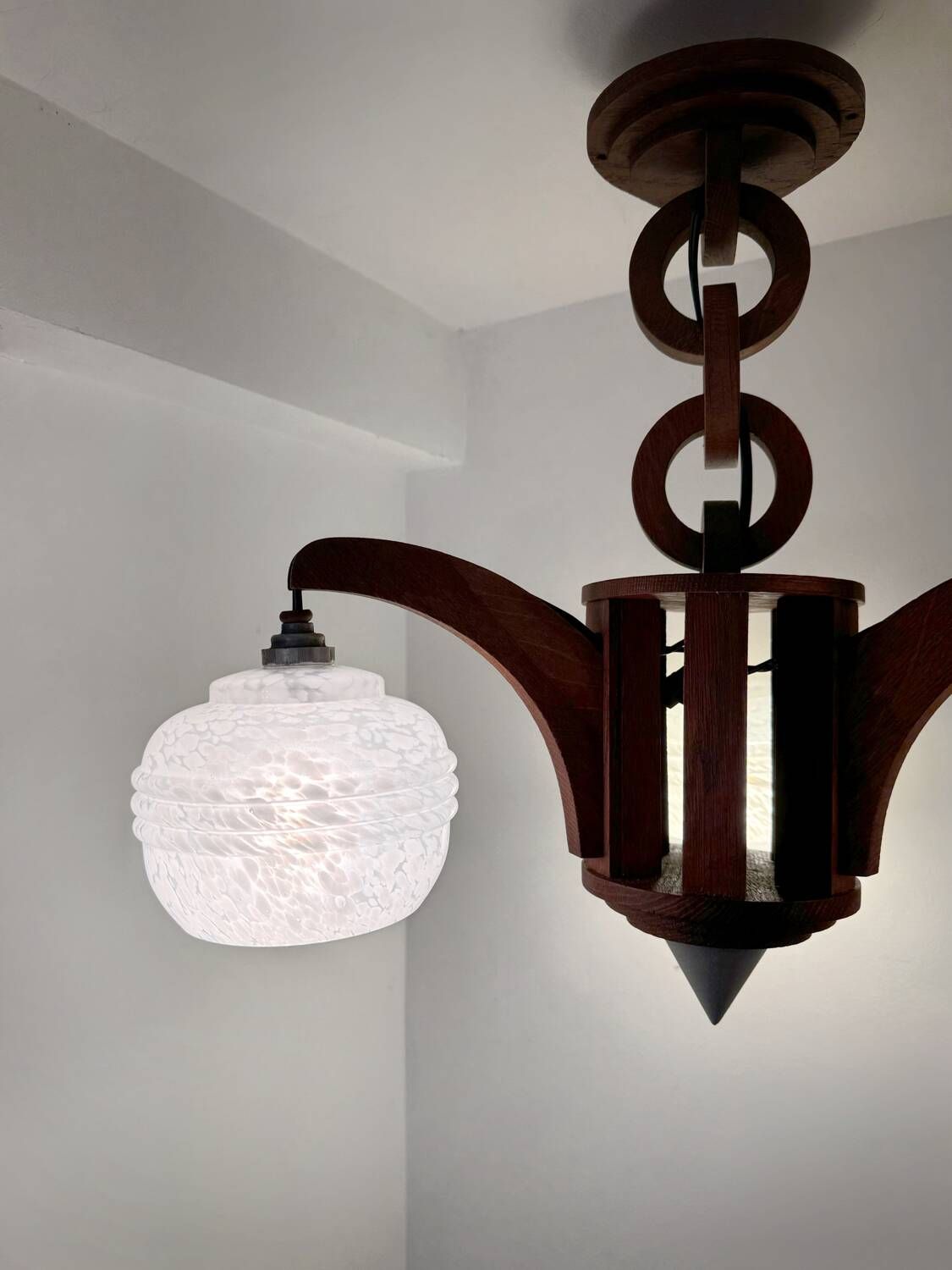 Art Deco chandelier in wood and glass from Clichy