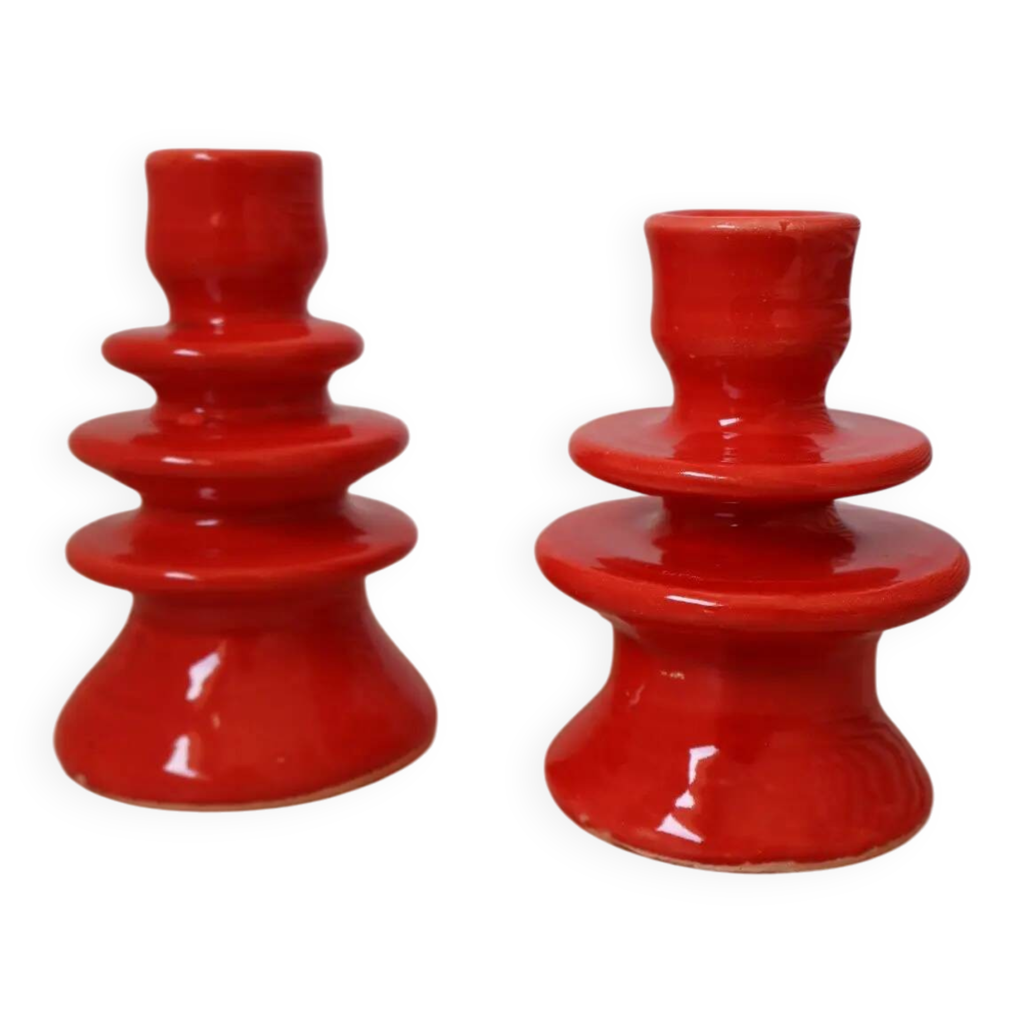 Pair of colorful poppy red ceramic candle holders