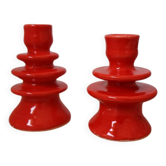 Pair of colorful poppy red ceramic candle holders