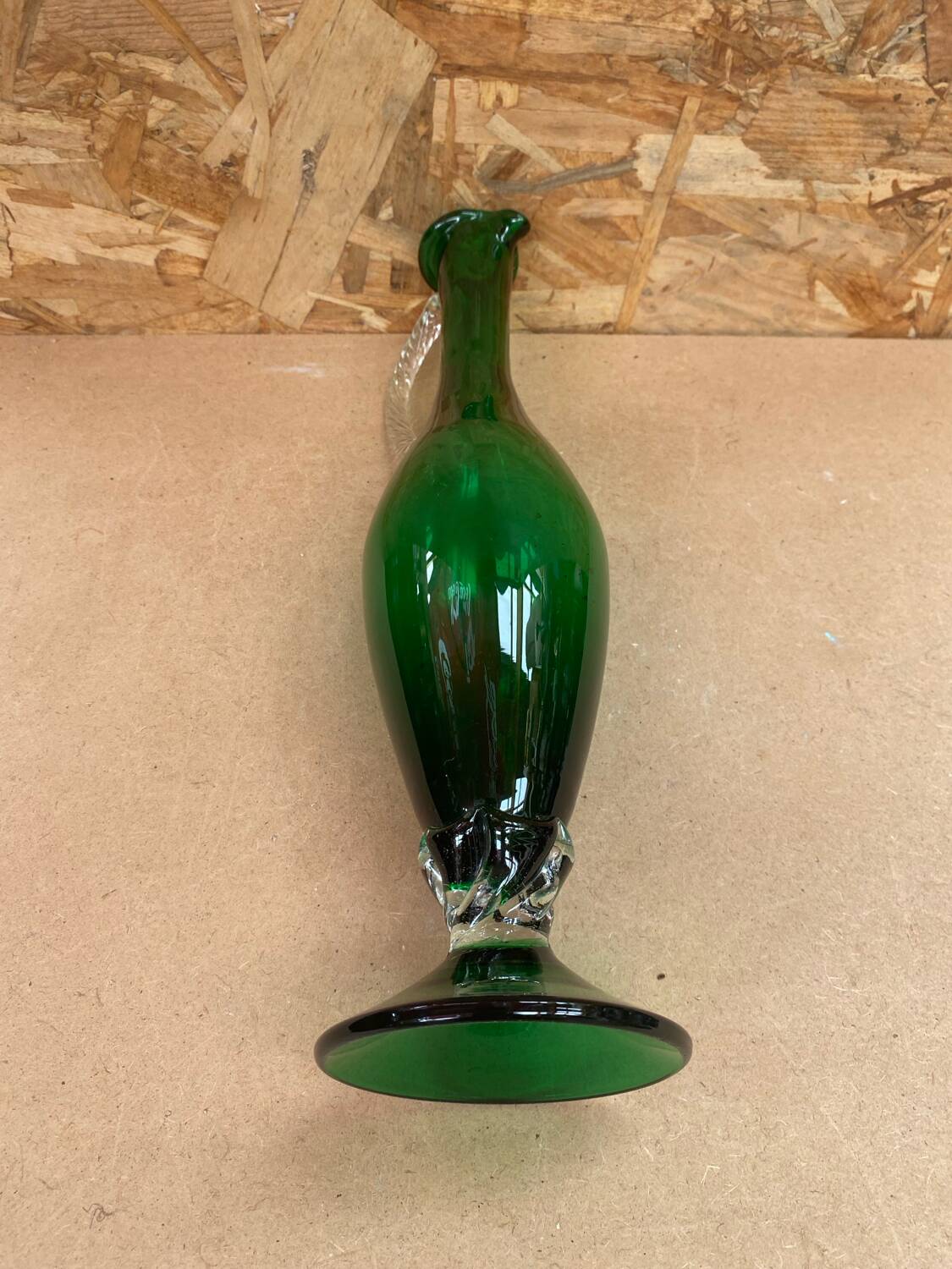 Antique green & clear glass pitcher ewer vintage