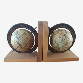 pair old bookends globe terrestrial map map world vintage wood