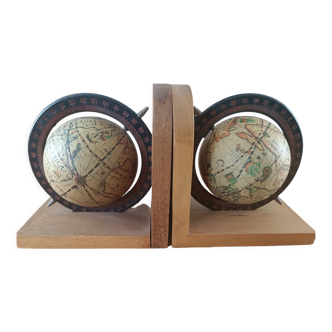 Paire anciens serre-livres globe terrestre carte mappemonde vintage bois