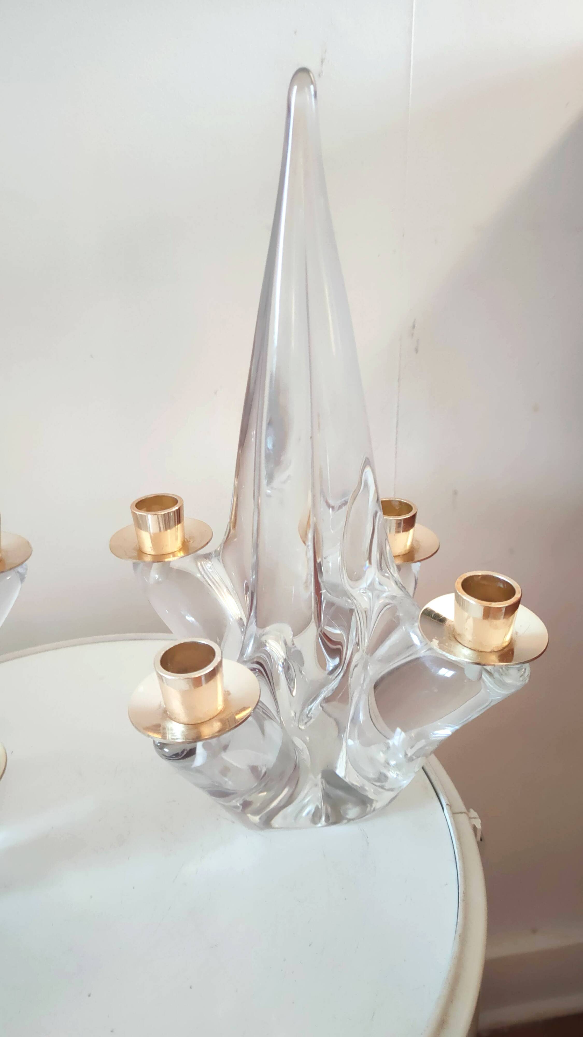 Pair of vintage Schneider crystal and brass candlesticks