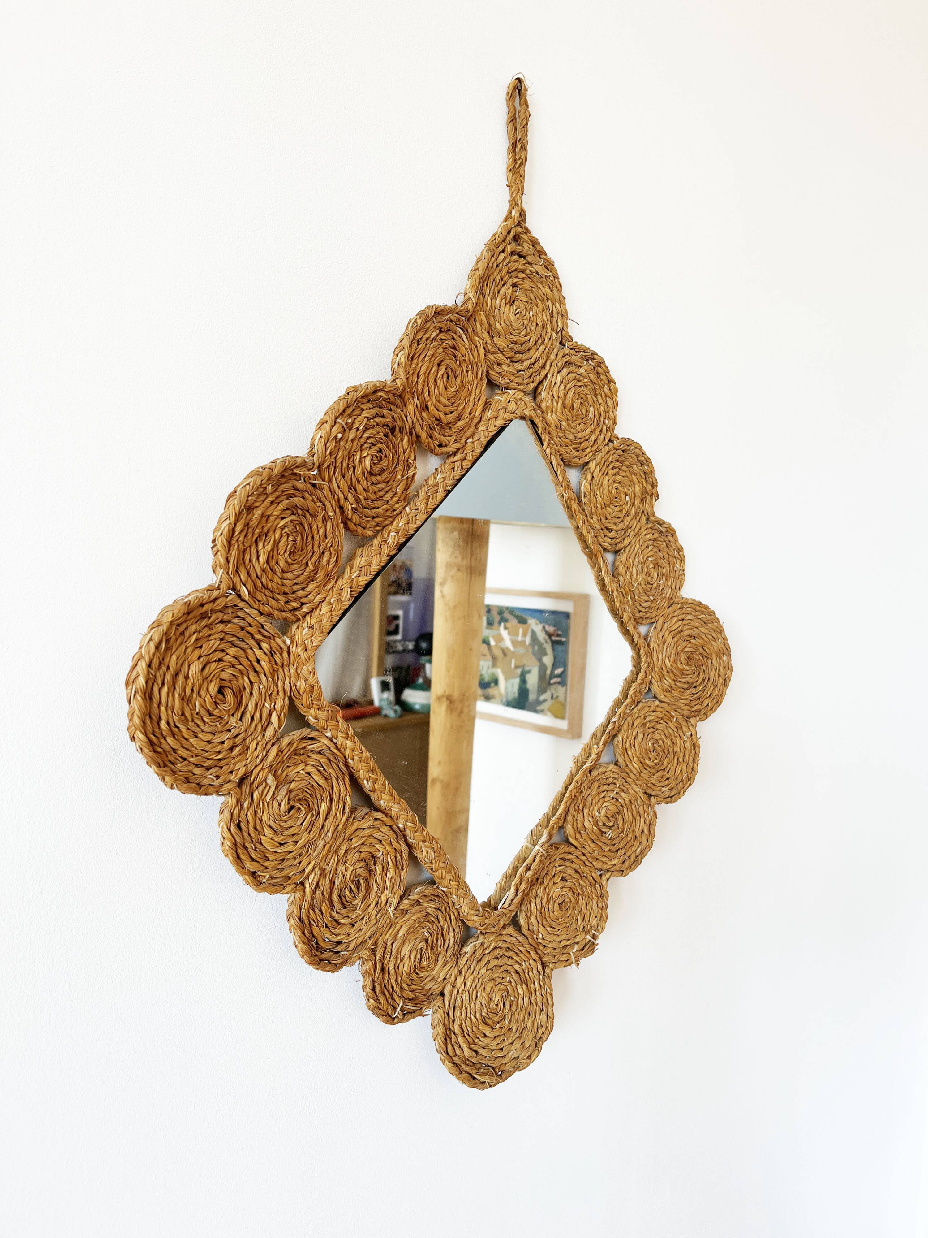 Vintage 1960s braided raffia mirror