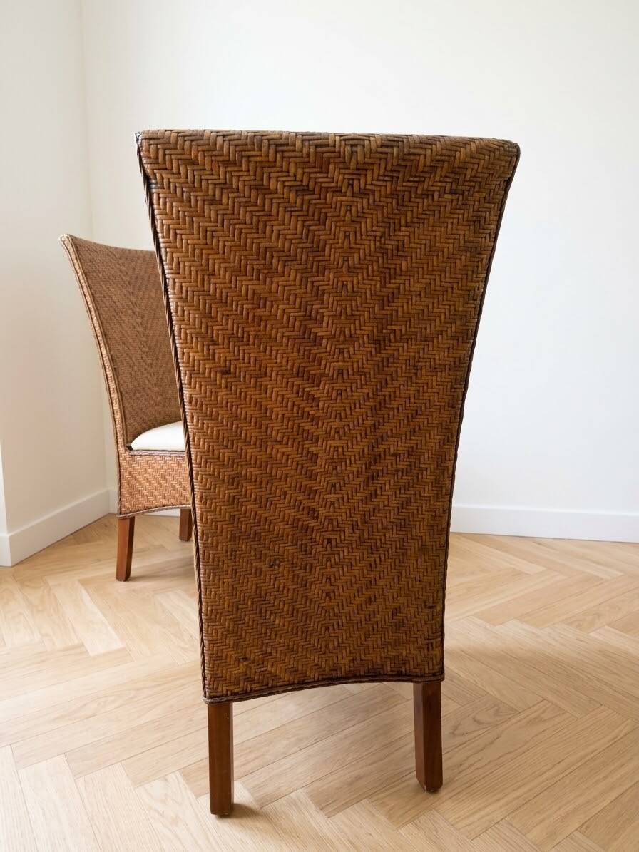 Set of 6 dining chairs in rattan and wood