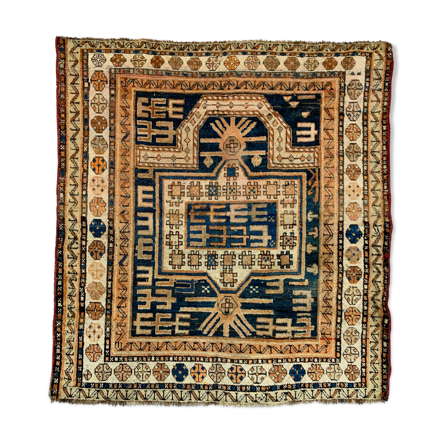 Antique Dagestan Kazak Rug 124x114 cm Caucasian, Gold, Blue, Rust Square Medium