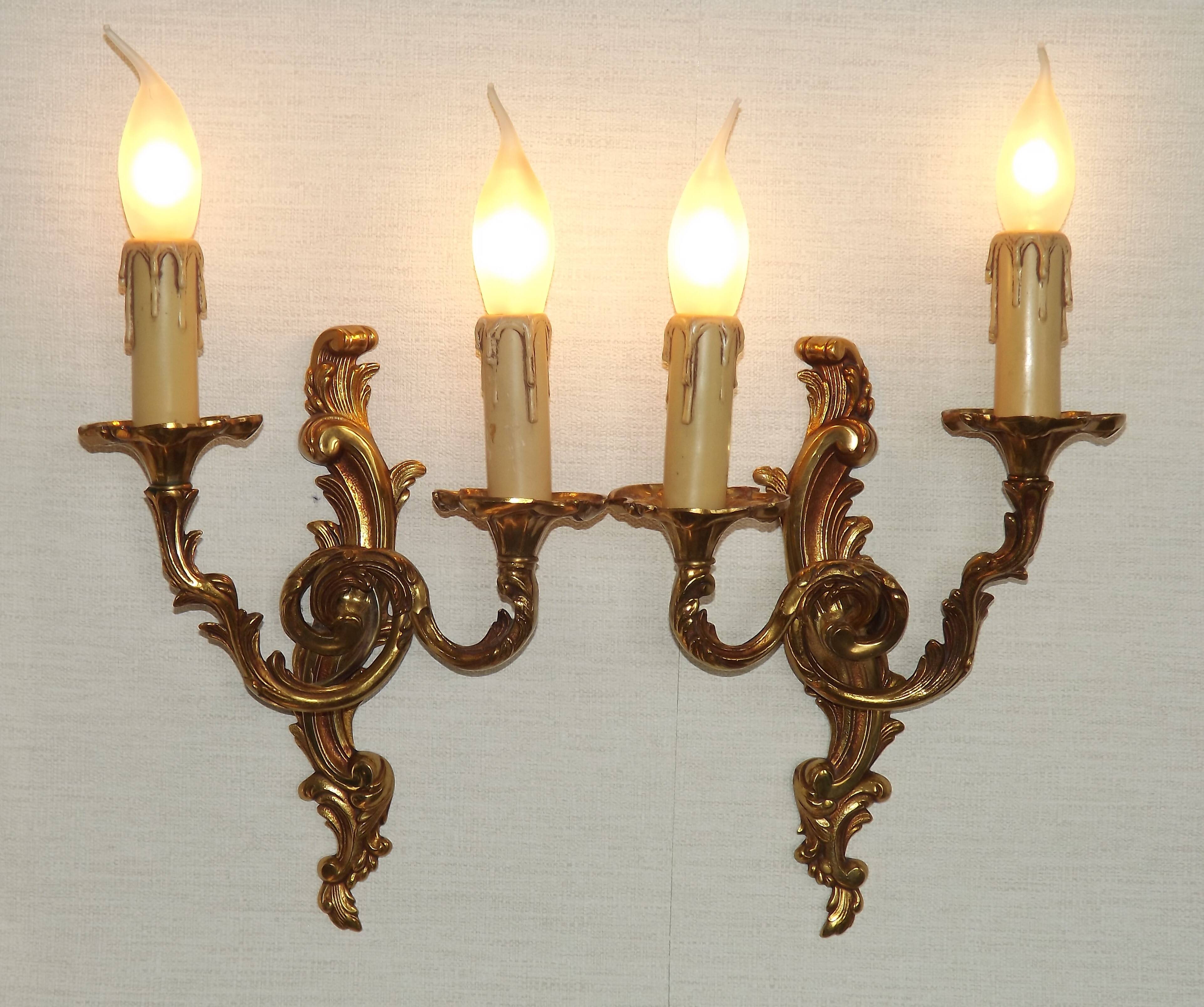 Stylish Vintage French Bronze Double Wall Sconces with Acanthus Leaf Detail