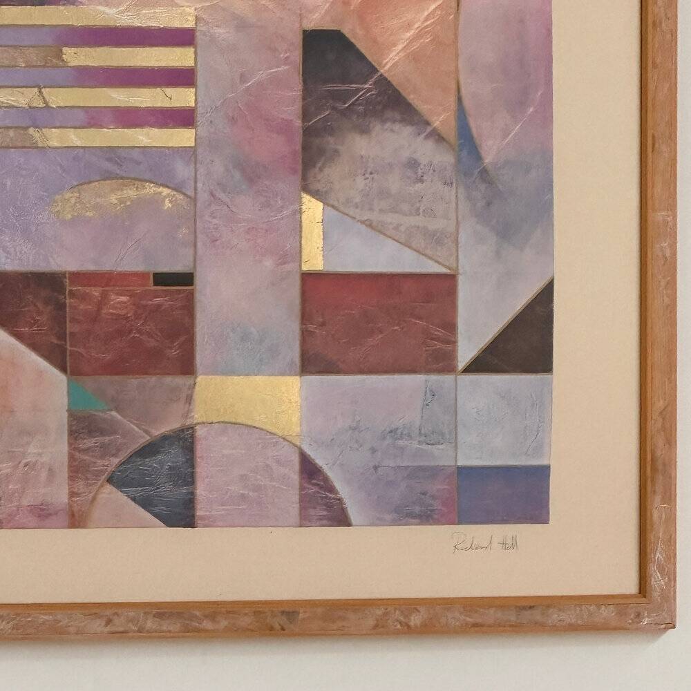 Pair of large Richard Hall geometric abstract mixed media lithographs with gold