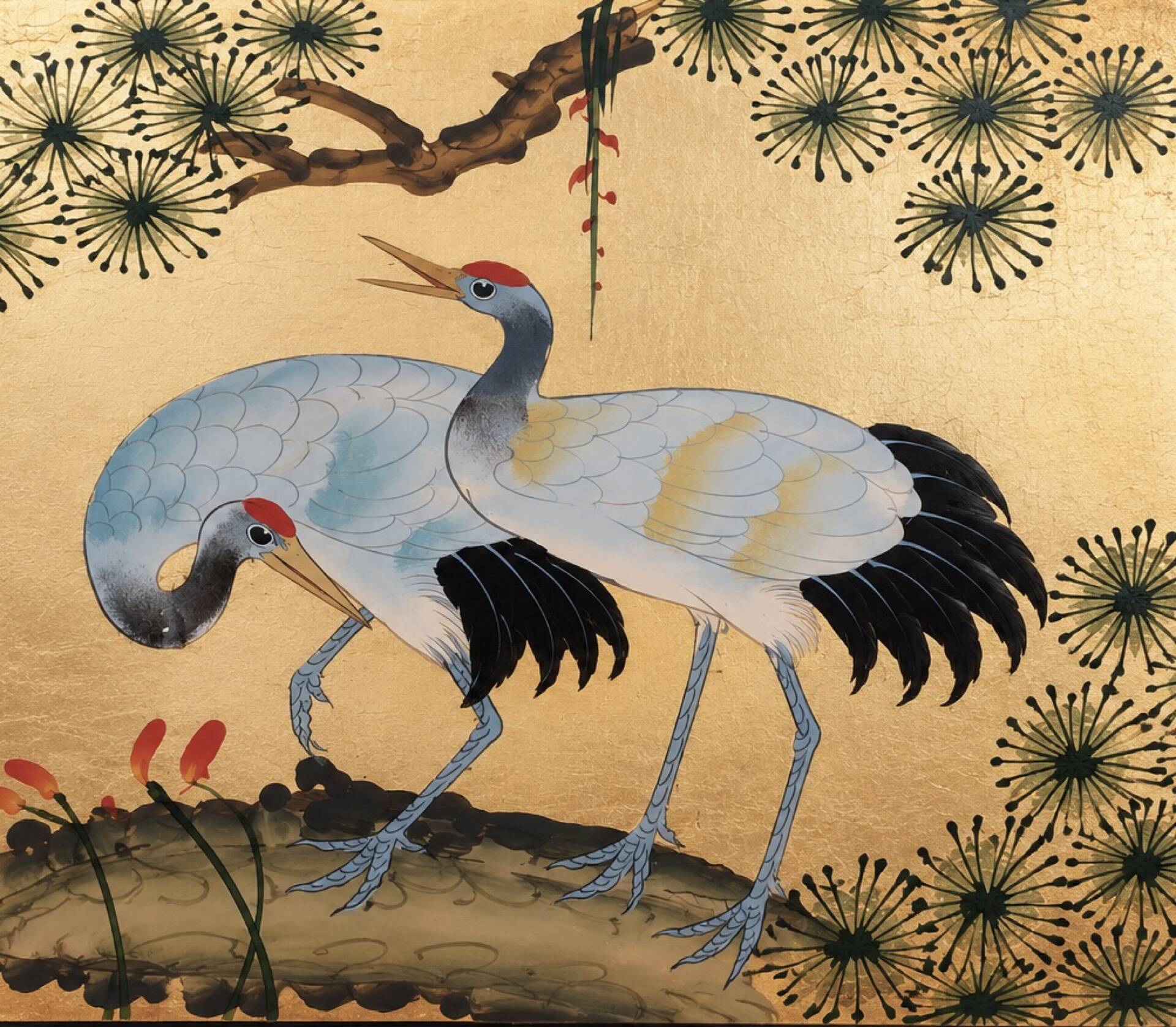 Cabinet chinoiserie de grues en laque noire et dorée, peint à la main