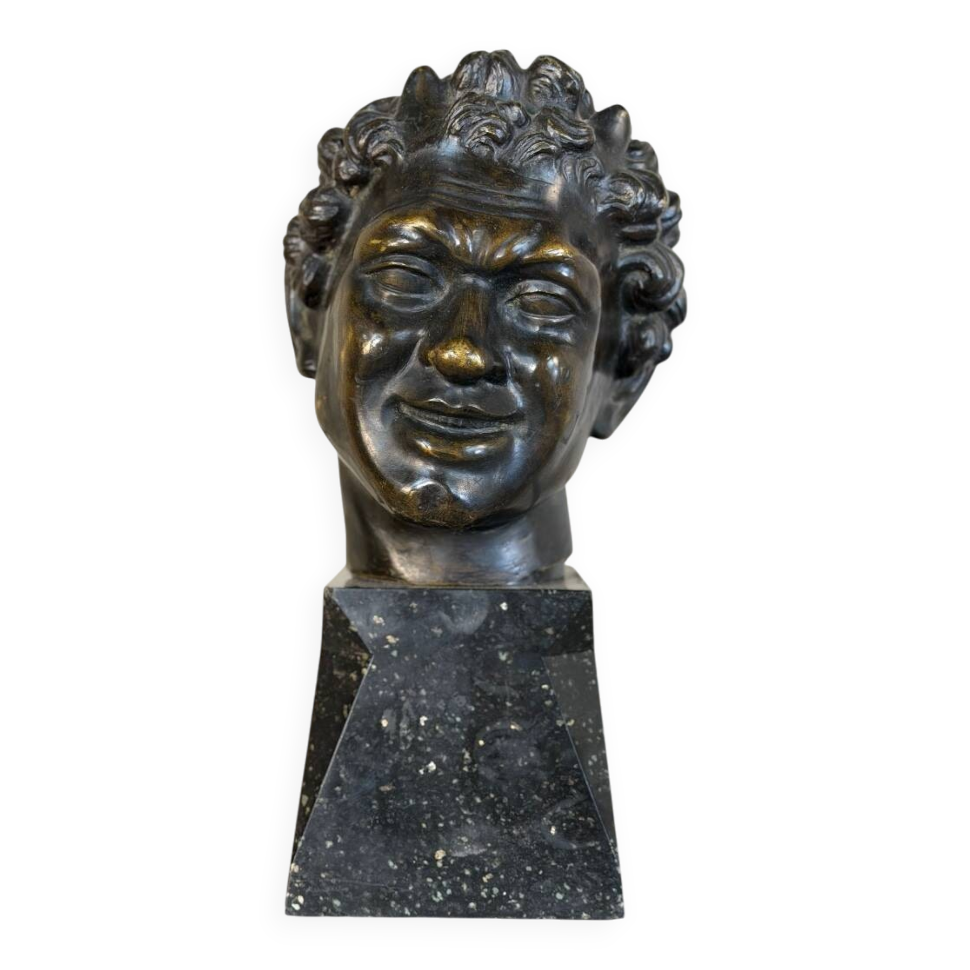 Head of a faun smiling, bronze after the antique, 19th century.