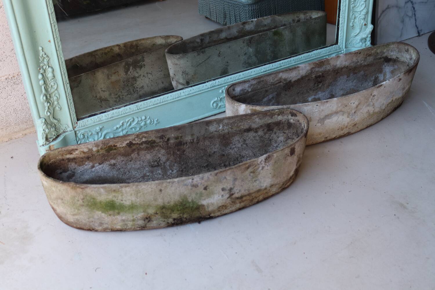 Pair of fibrecement bean-shaped planters