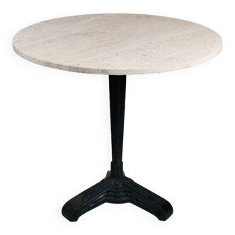 Vintage travertine bistro/dining table with metal base. (B)