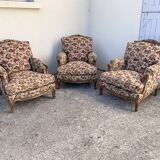 Antique Louis XV style shepherdess armchair in floral flocked fabric