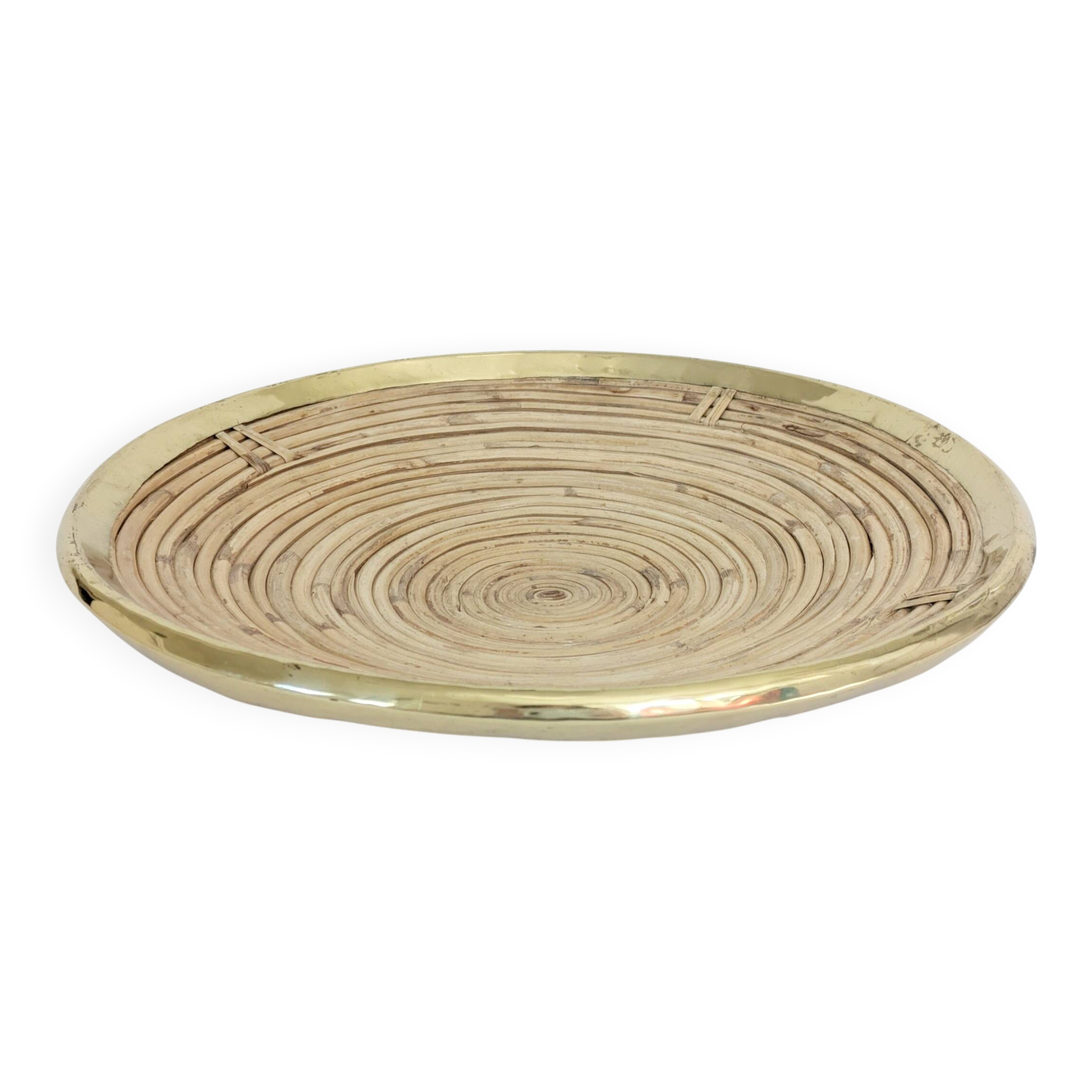 Round rattan and brass bowl, Italy 1970s, Gabriella Crespi style