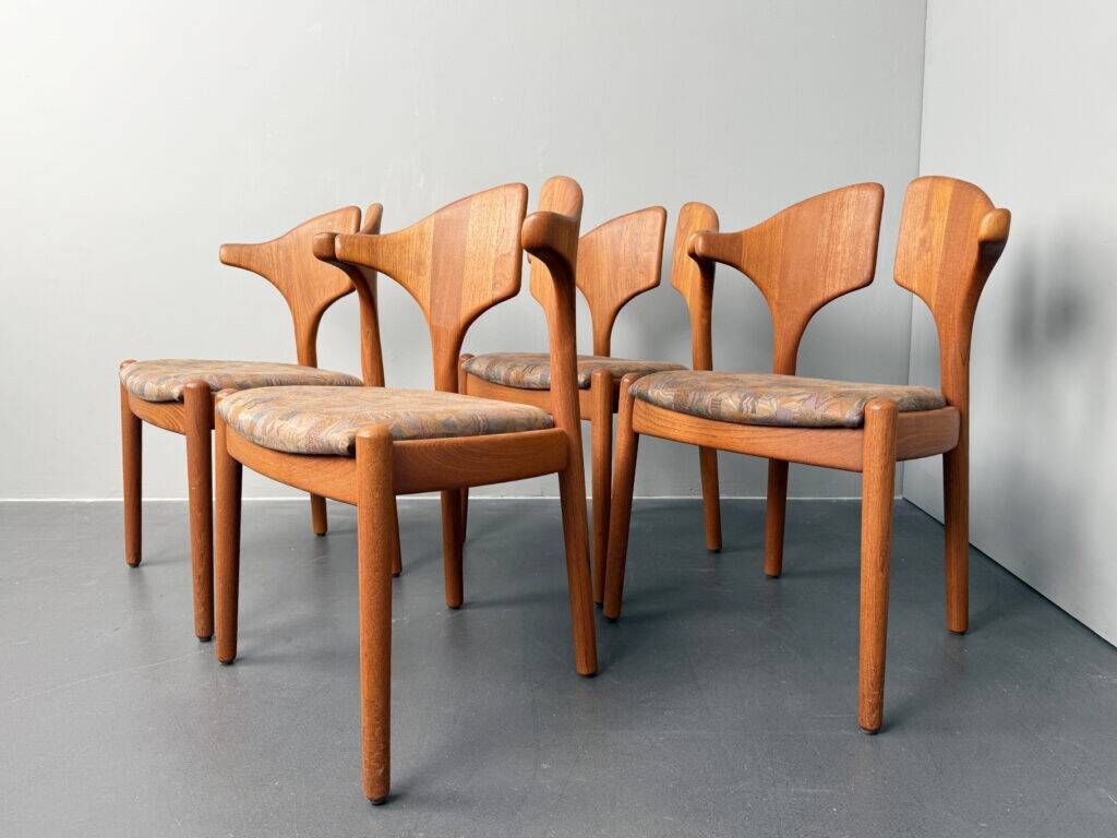 Set of 4 organic dining chairs, solid teak wood by Kai Kristiansen for Schou Andersen, Denmark, 1970s