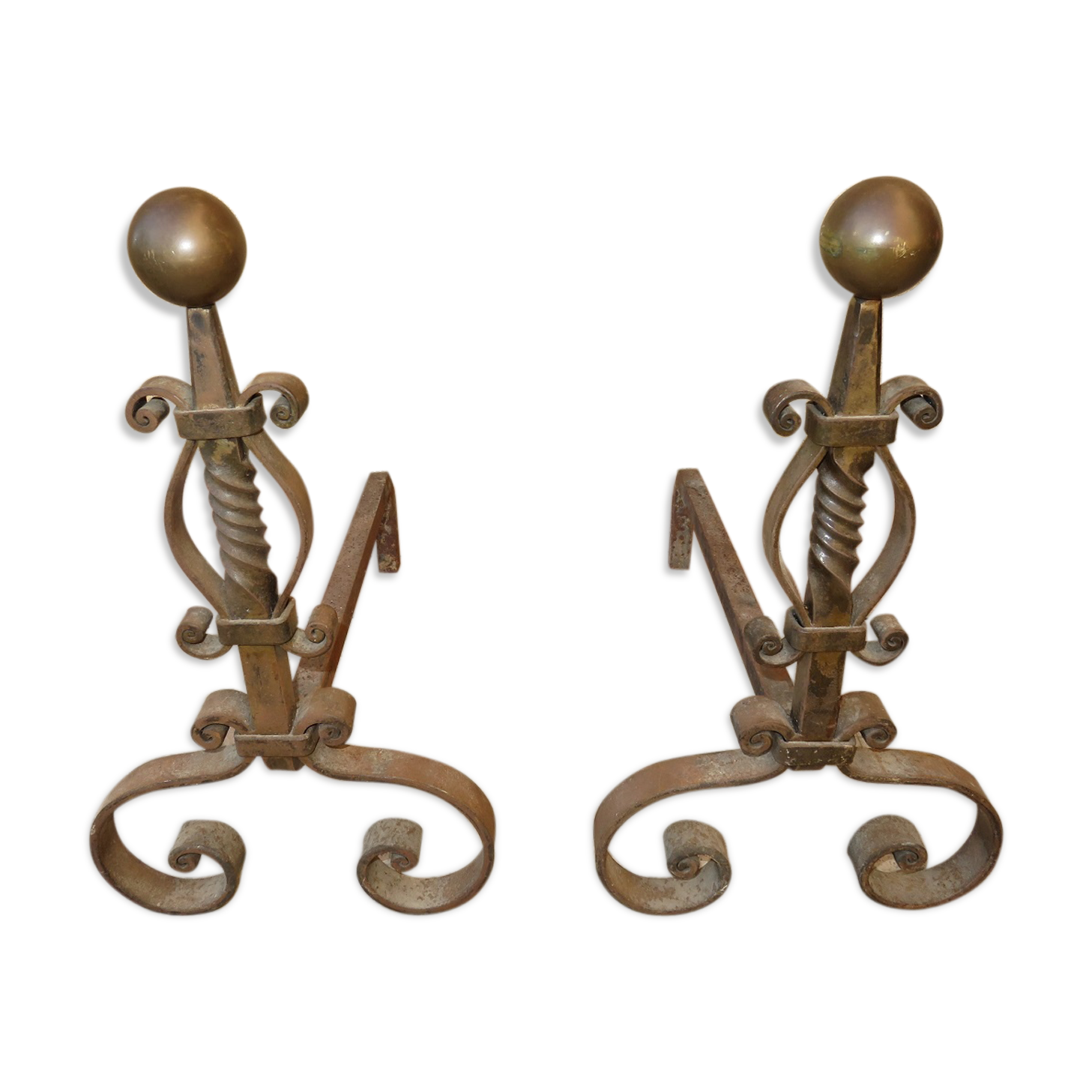 Andirons cast iron and brass ball