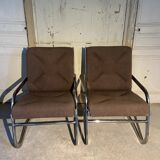 Pair of 70s designer armchairs/chairs in chrome and brown fabric