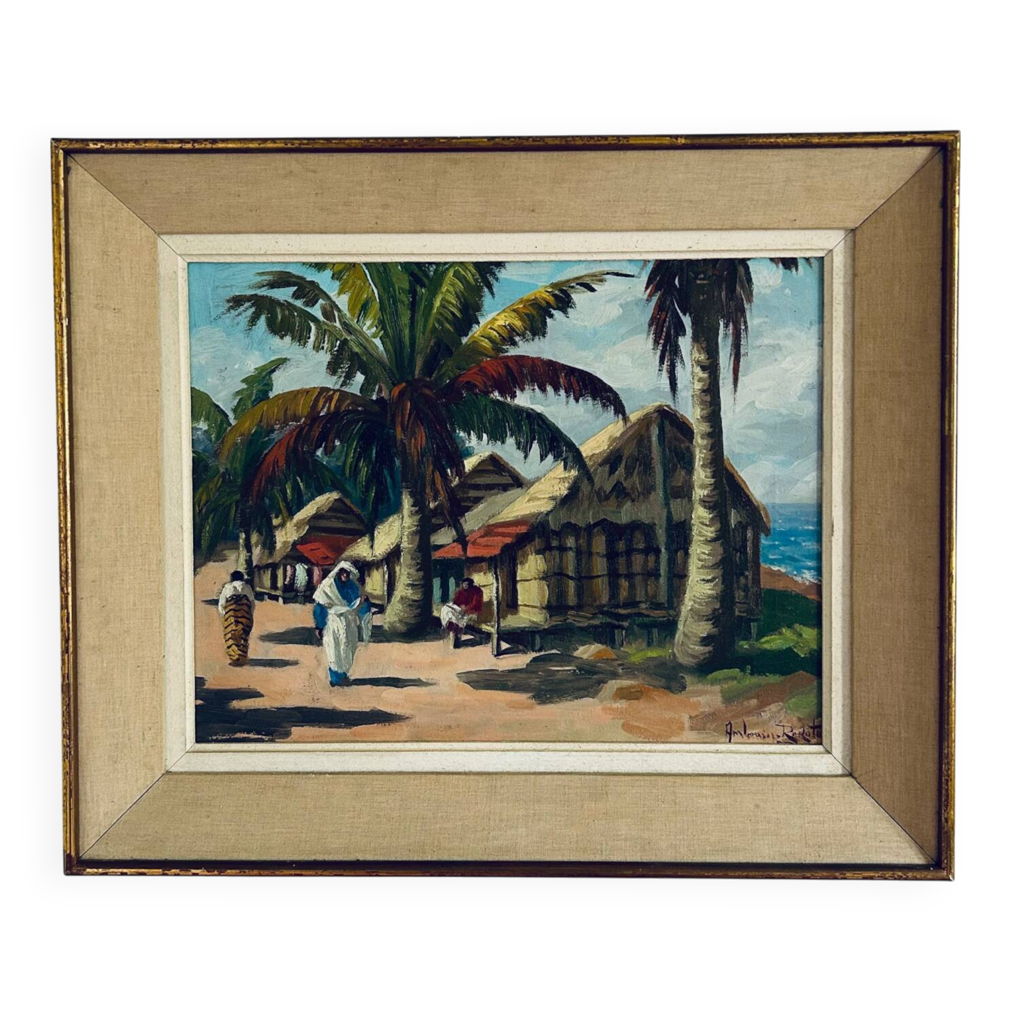 Village malgache, peinture à l'huile originale d'Ambroise Rakoto, vers 1955.