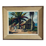 Village malgache, peinture à l'huile originale d'Ambroise Rakoto, vers 1955.