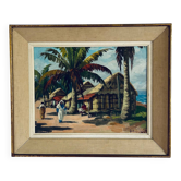 Village malgache, peinture à l'huile originale d'Ambroise Rakoto, vers 1955.