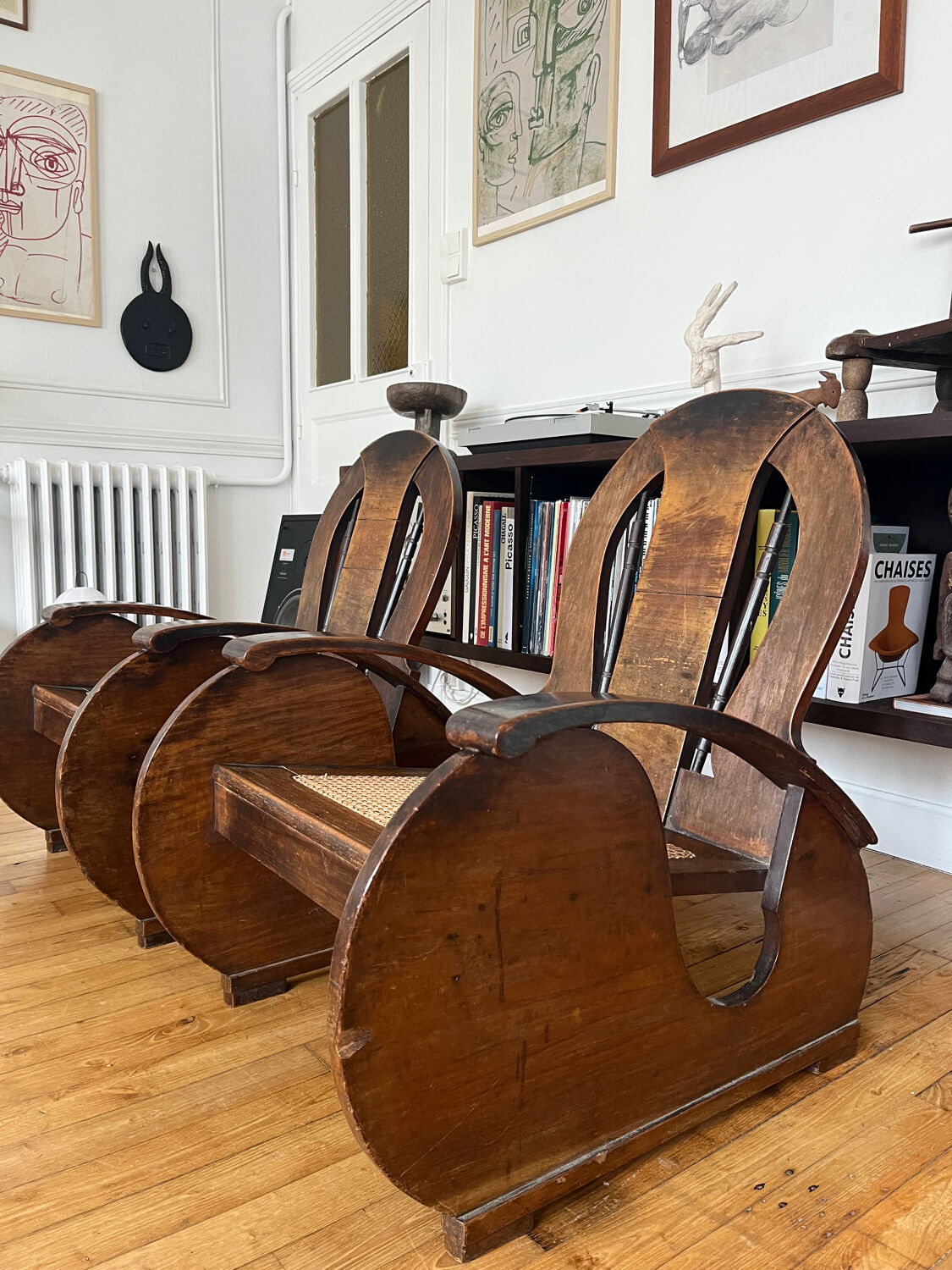 Pair of Art Deco armchairs in wood and cane.