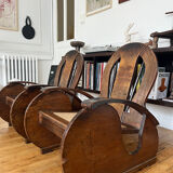 Pair of Art Deco armchairs in wood and cane.