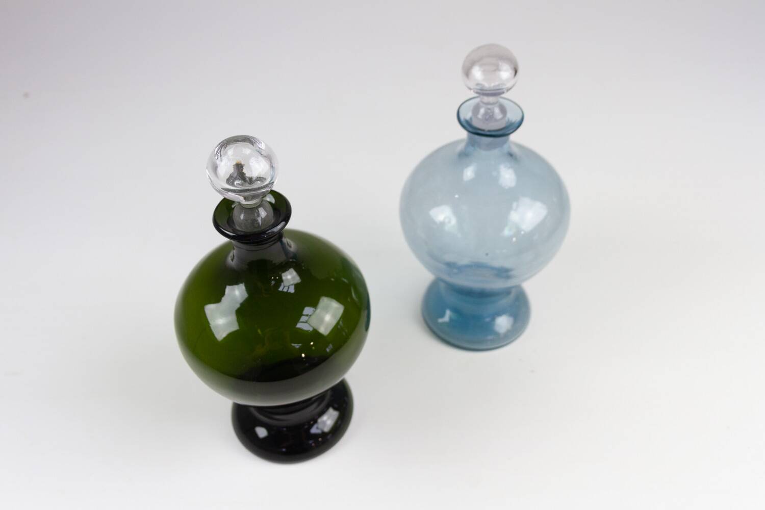Danish Art Deco Blue and Green Glass Decanters, 1930s, Set of 2