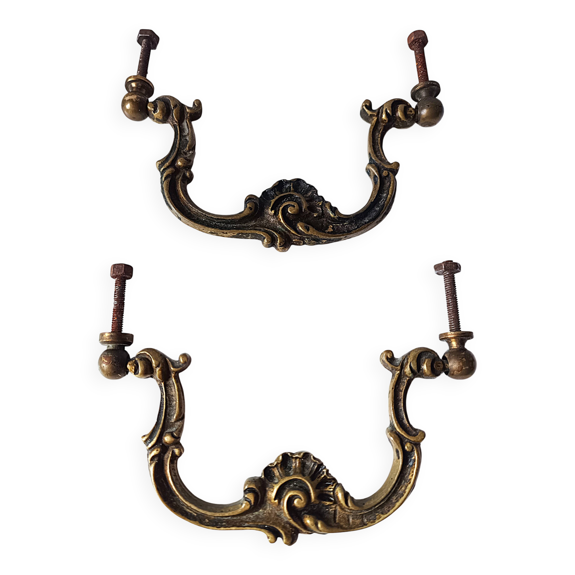 Antique pair of bronze drawer handles.