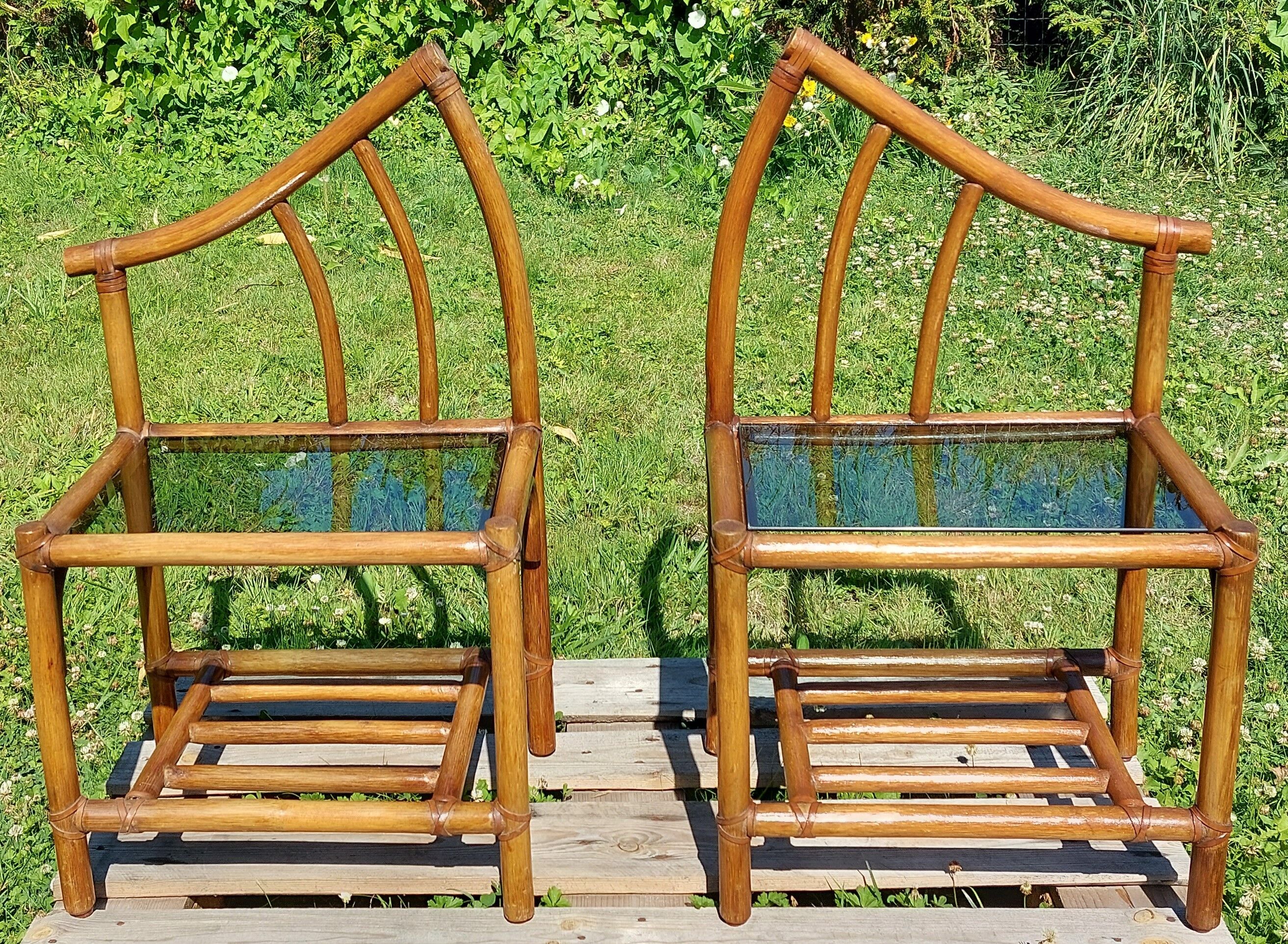 Pair of rattan and bamboo bedside tables