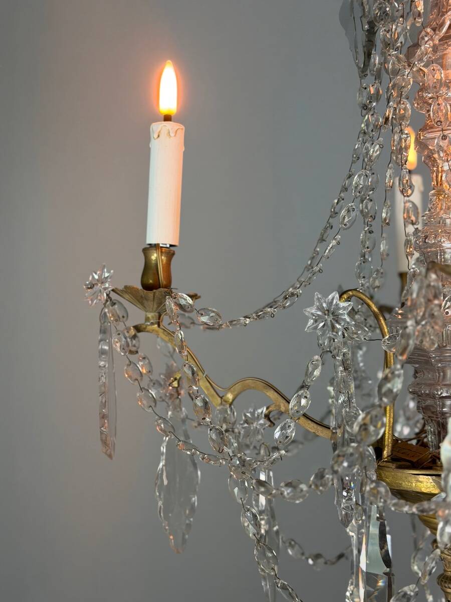 Bronze chandelier with cut crystal pendants, circa 1800.