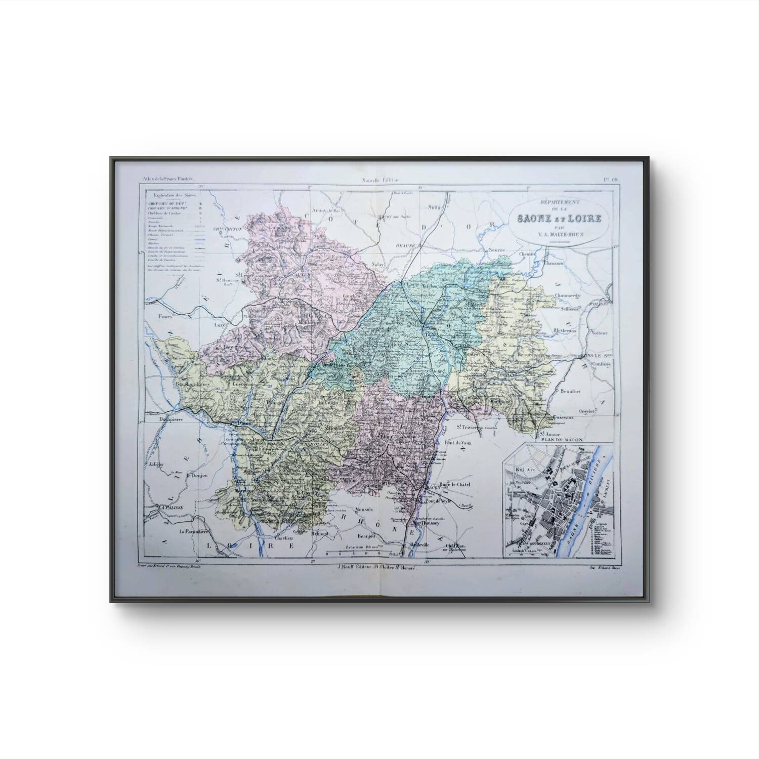 Saône-et-Loire, old map, printed in 1883.