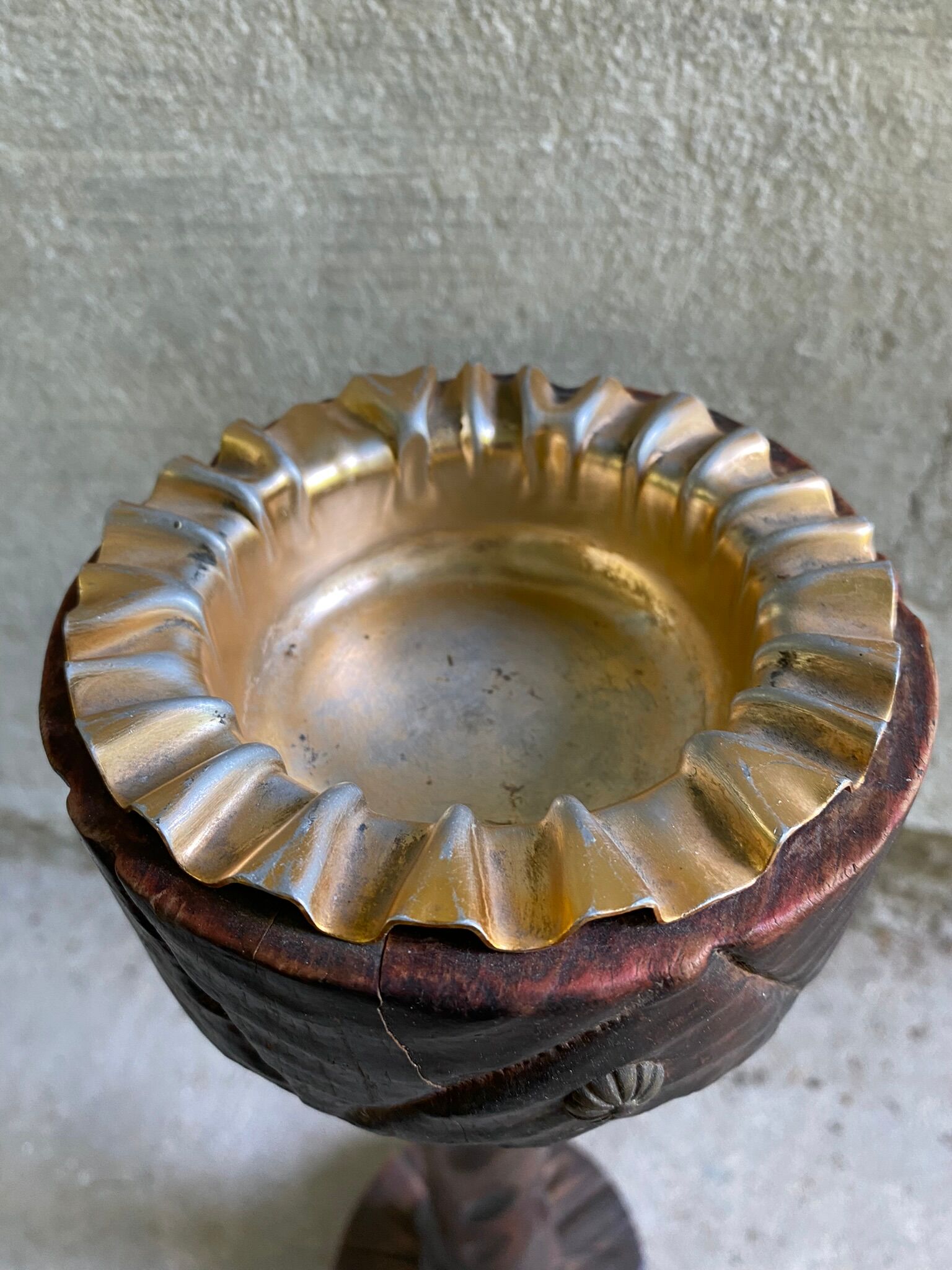Rustic ashtray carved wood on vintage stand