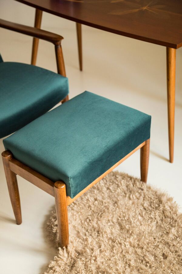 Tabouret vintage milieu du siècle bleu pétrole en velours, Edmund Homa, Europe, années 1960