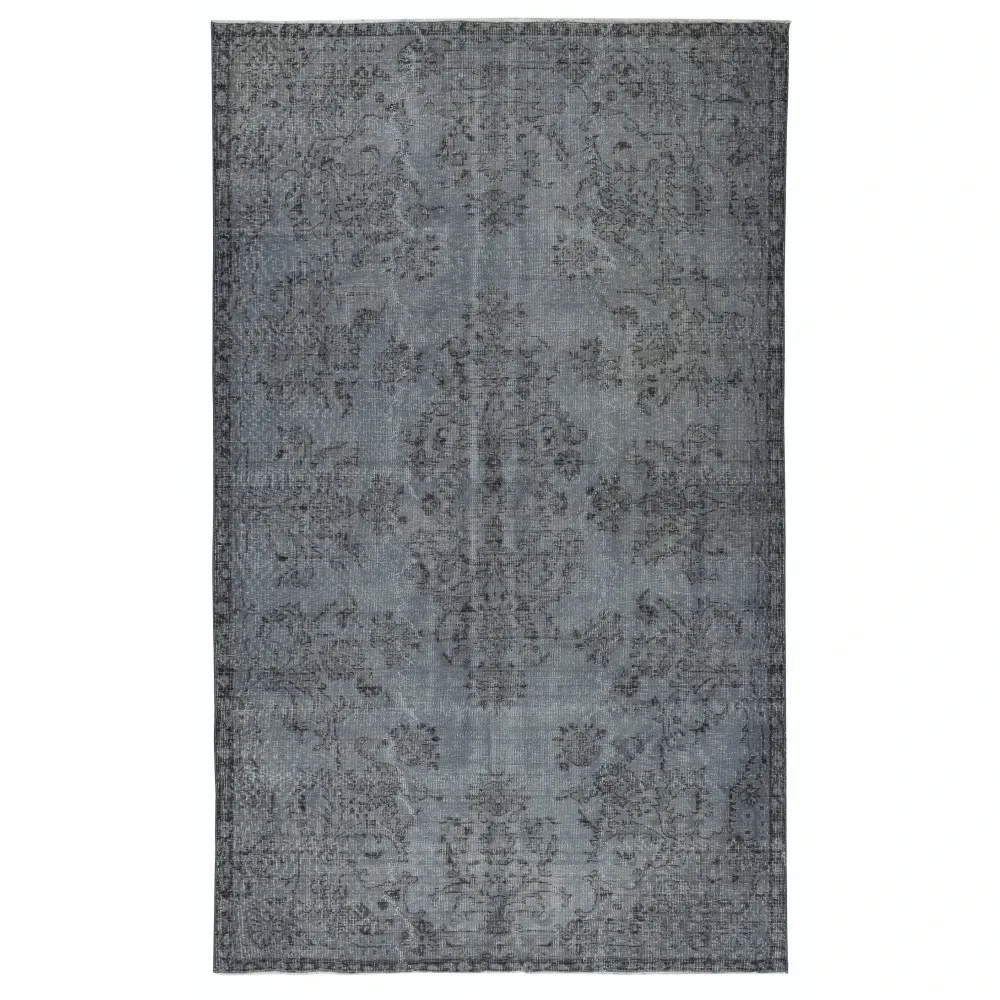 Vintage Wool Area Rug Overdyed in Gray for Modern Interiors. Handmade in Turkey