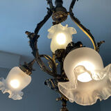 Ancien lustre cage en bronze et 4 feux tulipe
