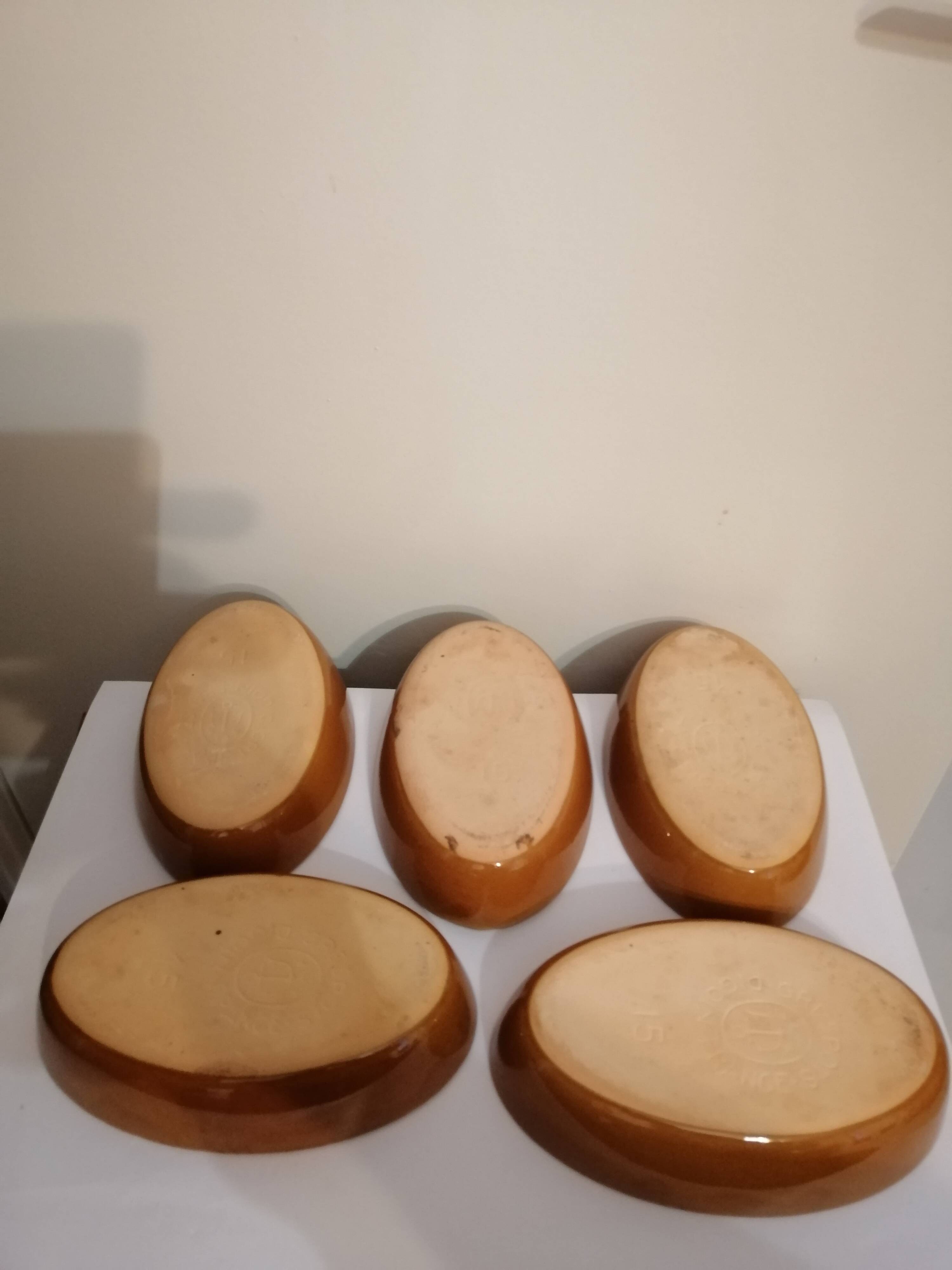 Set of 5 small old enameled terracotta dishes