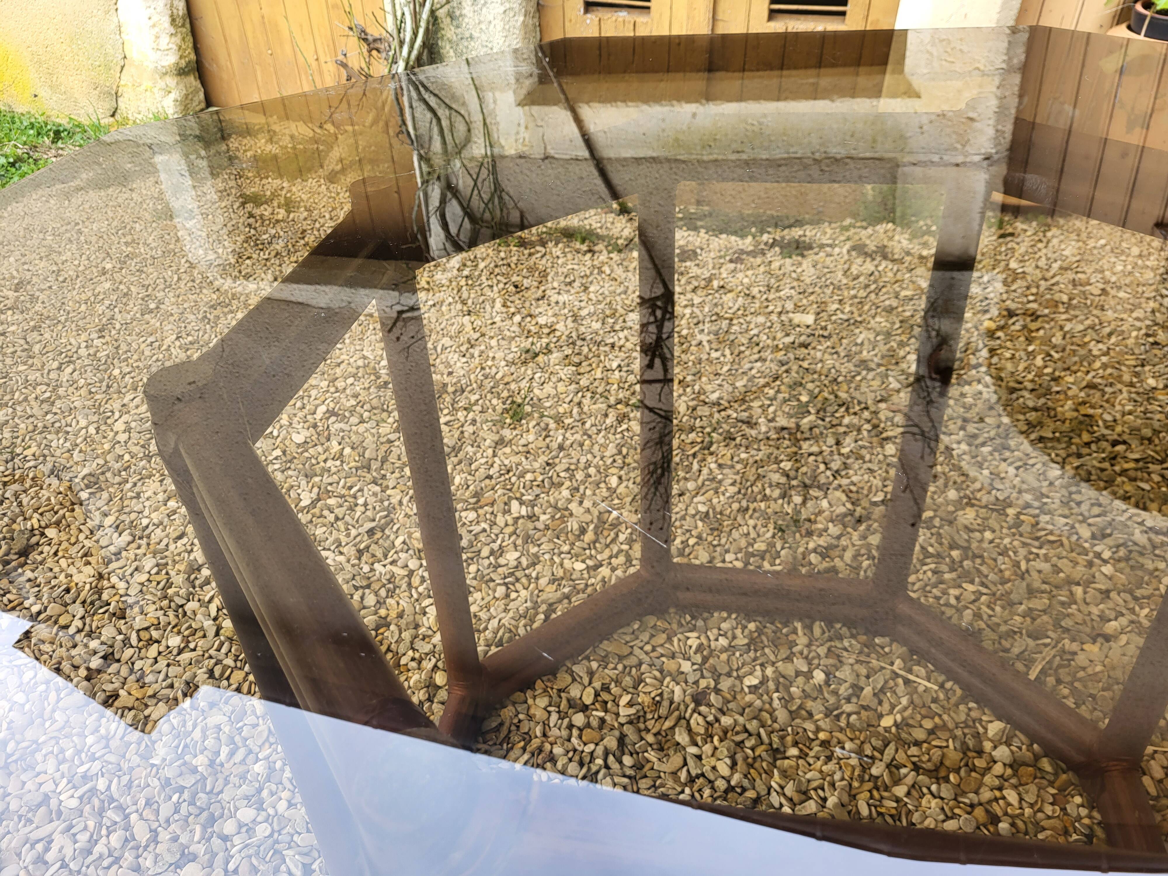Wood table bamboo style smoked glass 70s