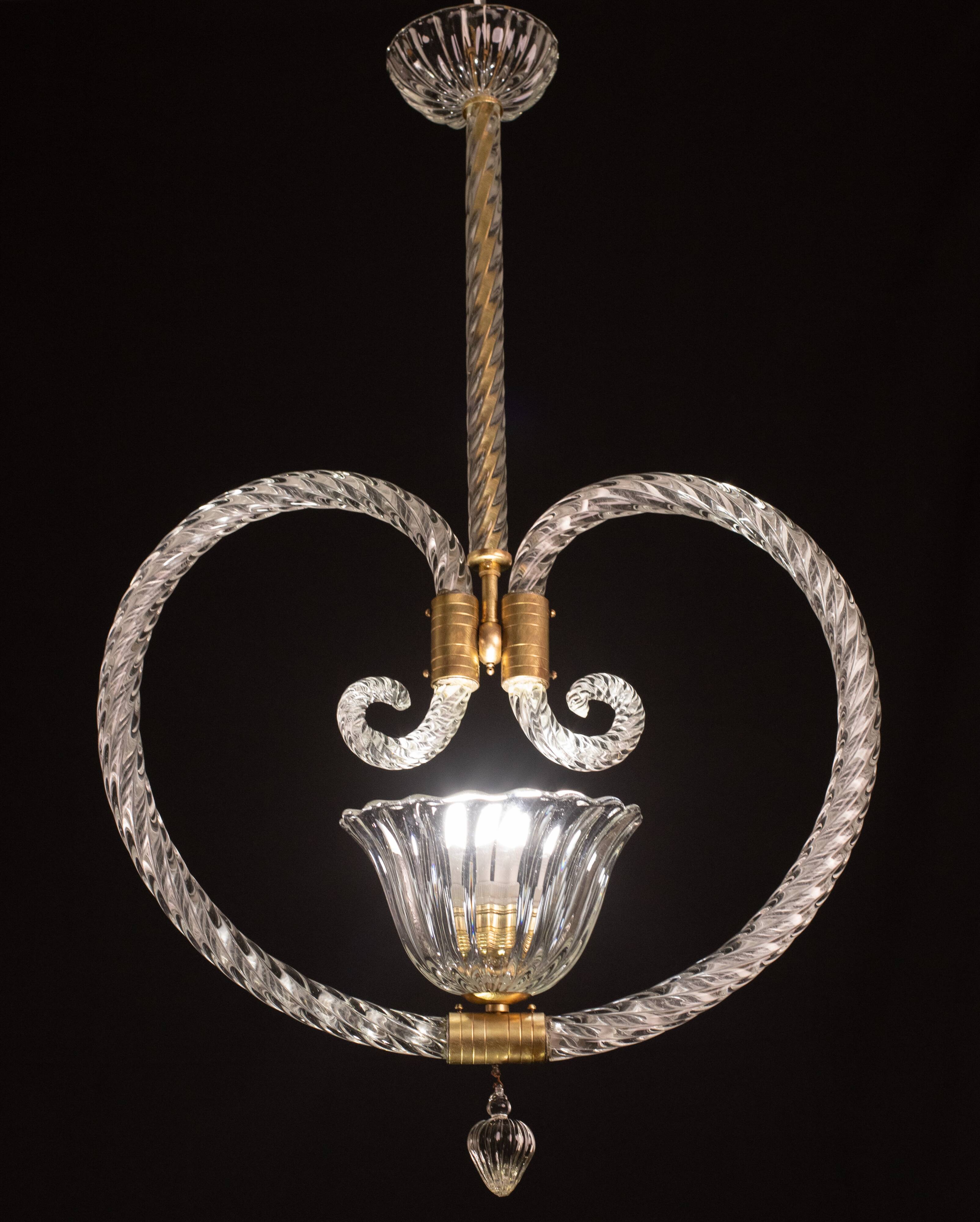 Lustre suspendu en forme de cœur art déco par barovier e toso, années 1940