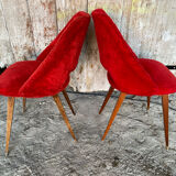 Achille decommere chair pair red fur + vintage wooden compass legs