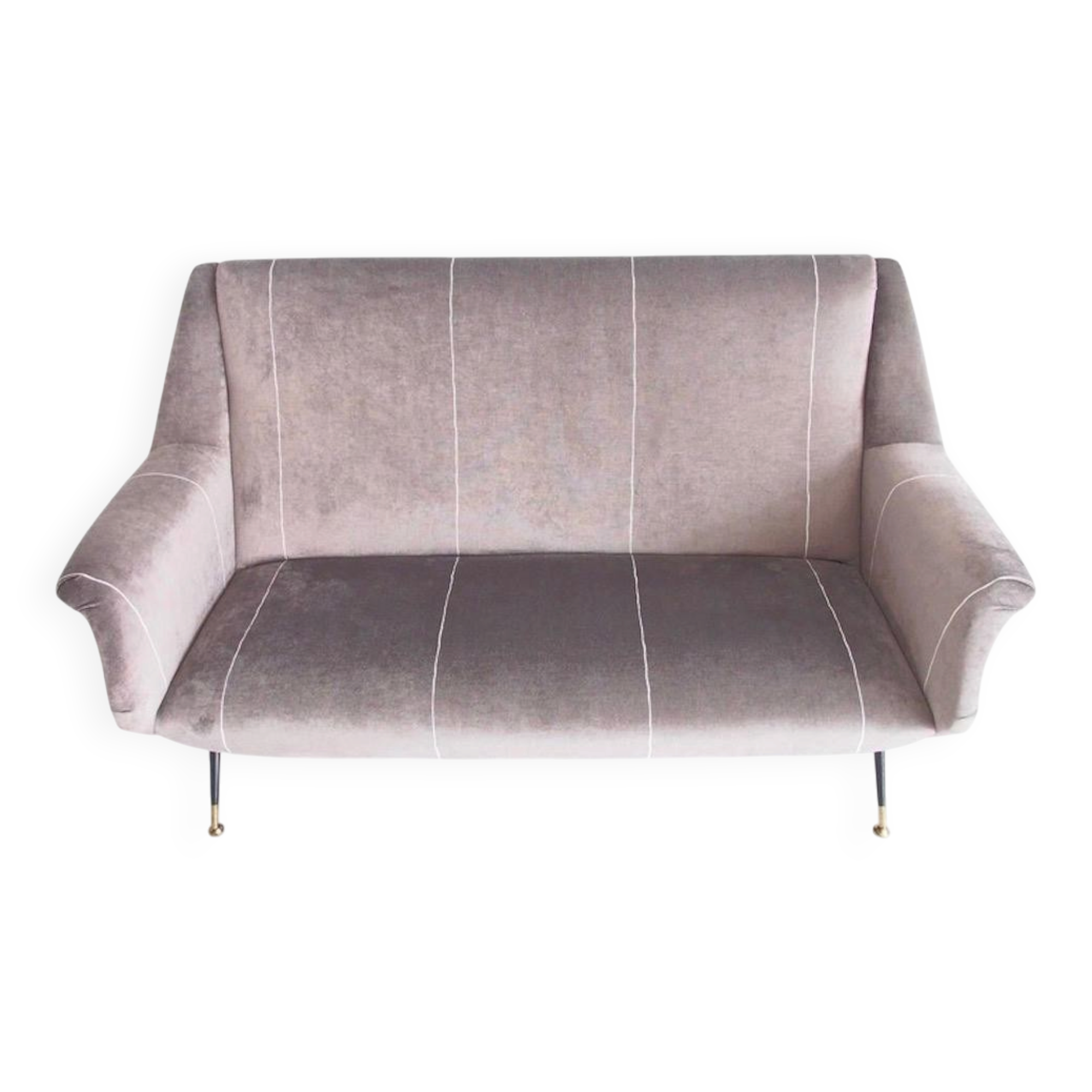Italian velvet sofa in grey with black lacquered brass legs.