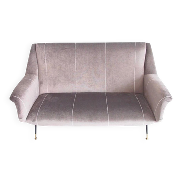 Italian velvet sofa in grey with black lacquered brass legs.