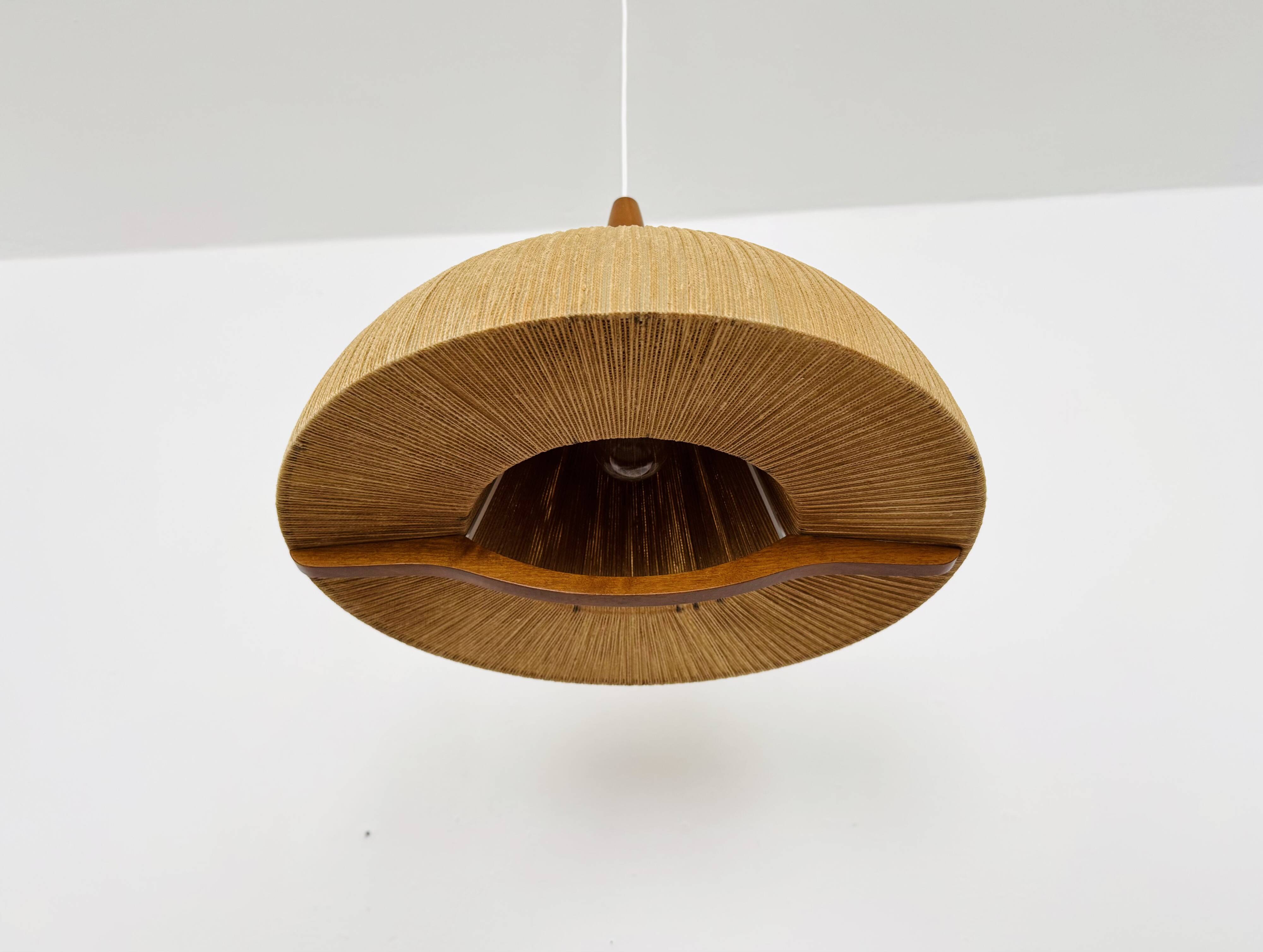 Teakwood and Raffia Bast Pendant Lamp by Temde