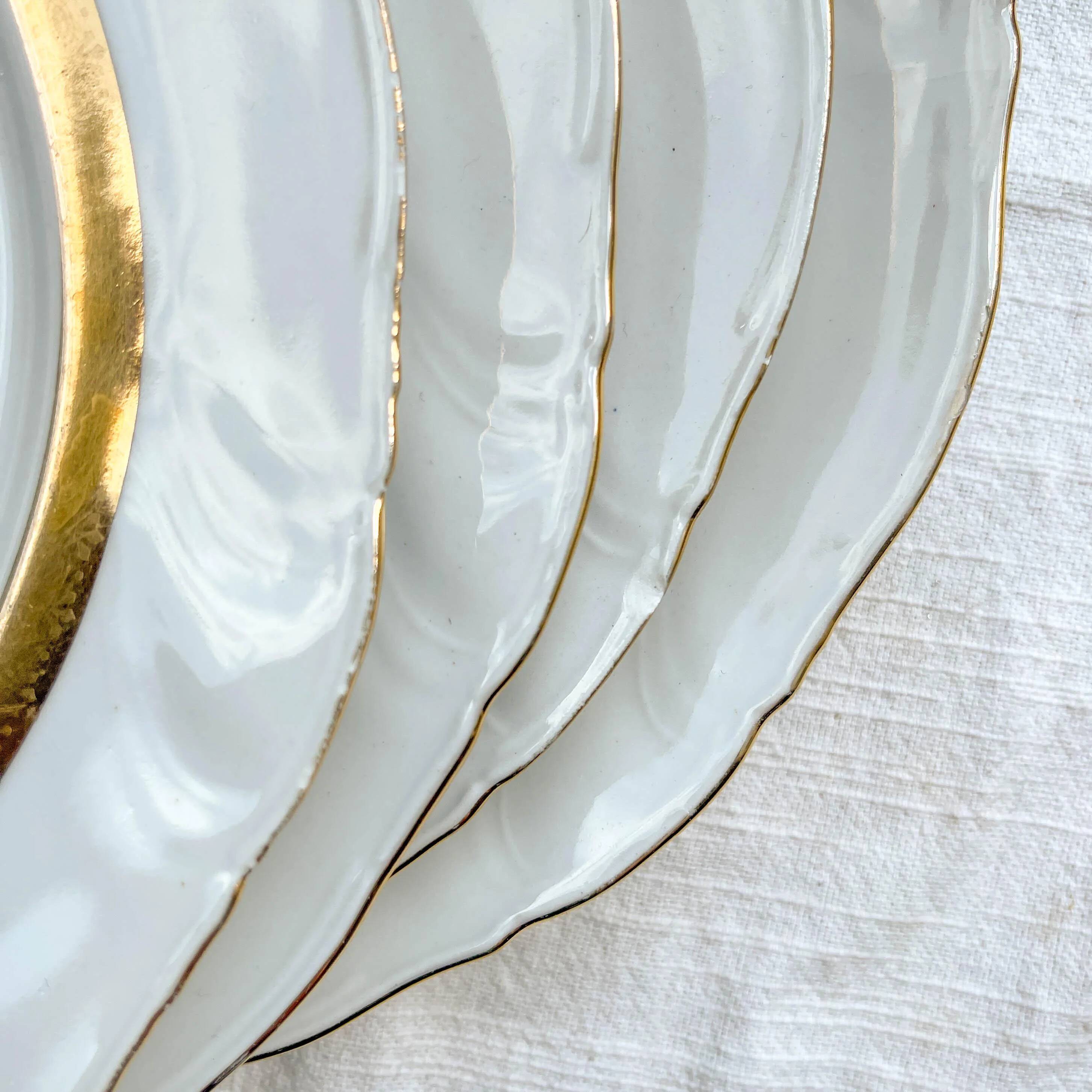 6 Vintage White and Gold Porcelain Dinner Plates Limoge France ADP "Ariane" - Elegant Antique French Tableware