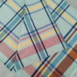 Blue cotton tablecloth with vintage multicolored checks and stripes