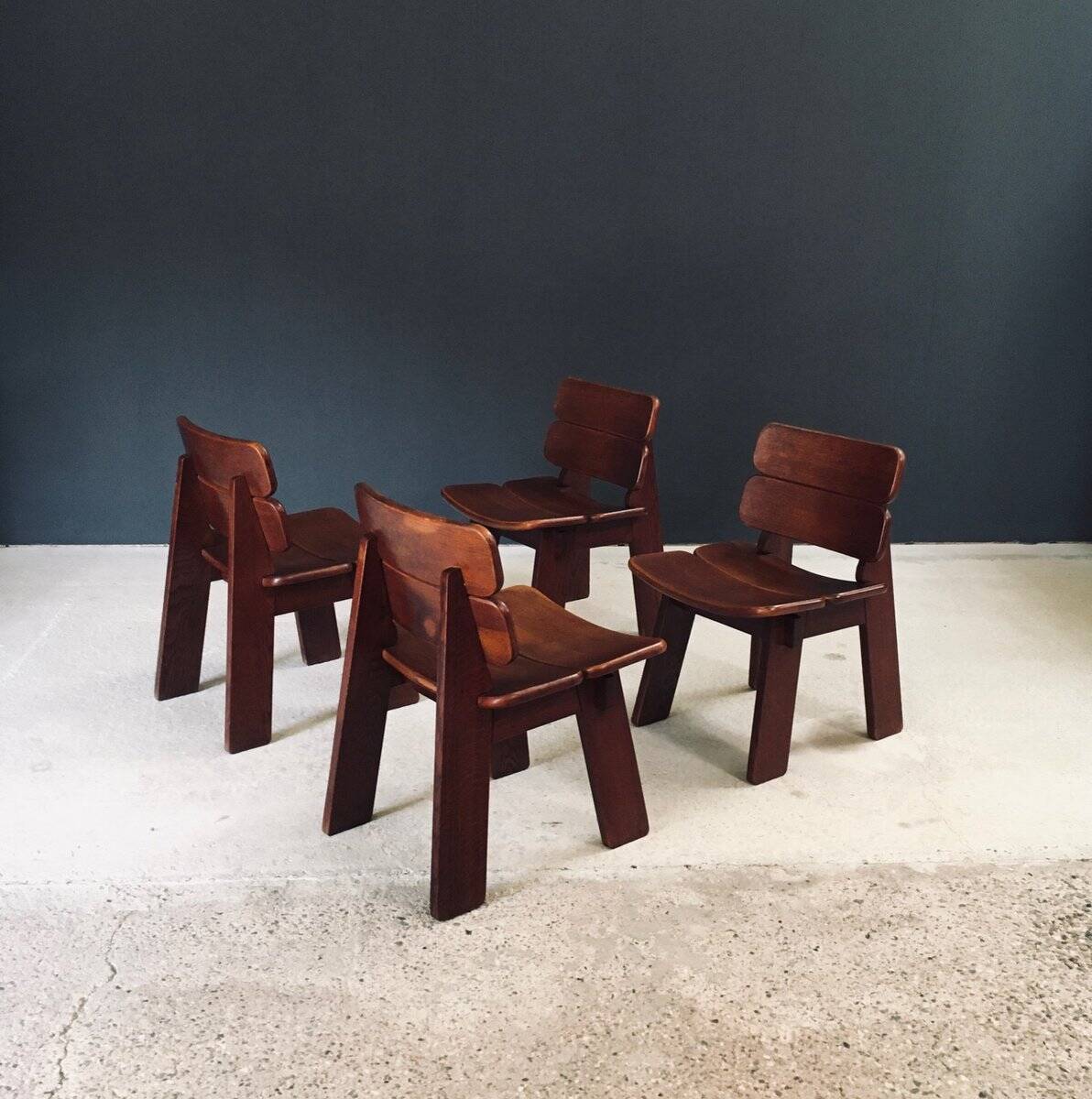 Constructivist Oak Dining Chairs, Belgium, 1960s, Set of 4